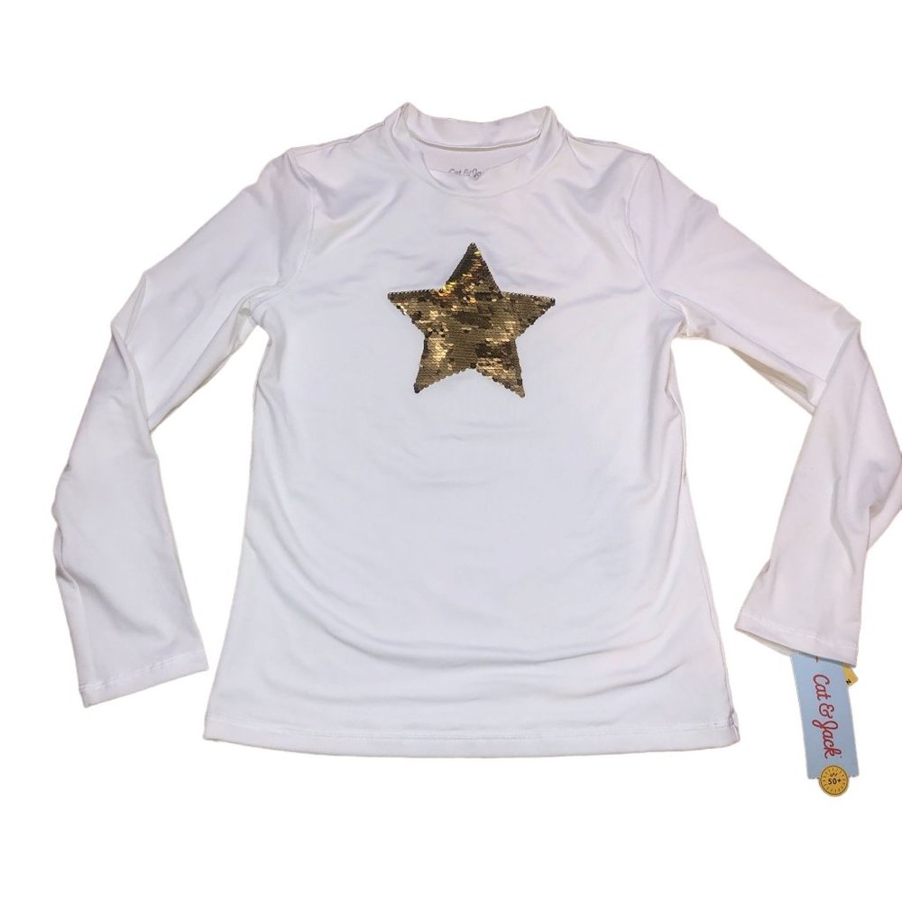 Cat & Jack Two Sided Sequins Star Long Sleeve Swim Top Large 10 12 Girls Green